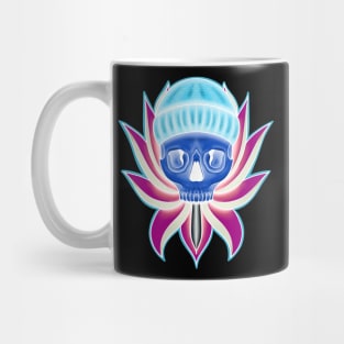 Blue and Pink Neon Skull with Hat in Lotus flower T-Shirt Mug